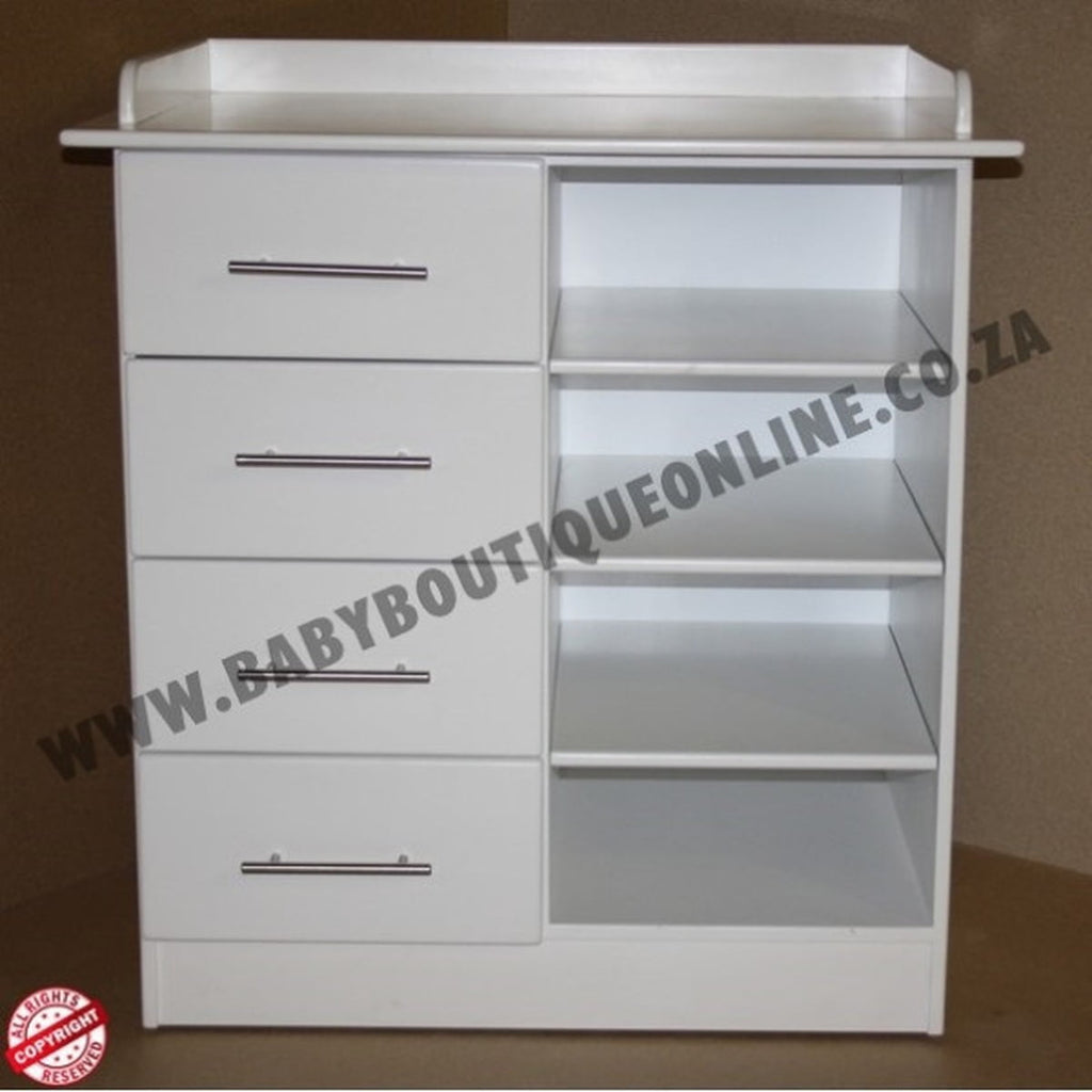 White cabinet with drawers and shelves on a brown background, featuring 'Baby Boutique Online' branding.