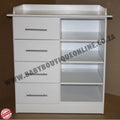 White cabinet with drawers and shelves on a brown background, featuring 'Baby Boutique Online' branding.