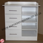 White cabinet with drawers and shelves on a brown background, featuring 'Baby Boutique Online' branding.
