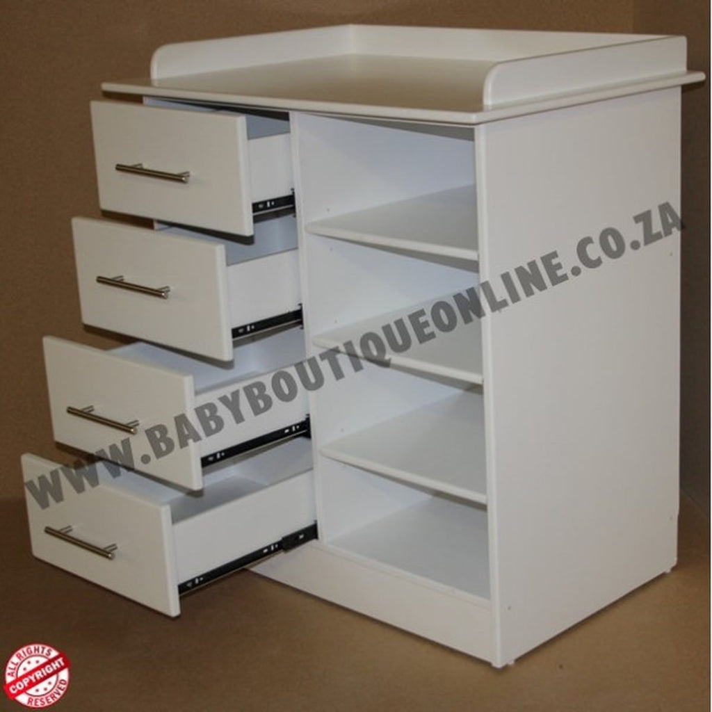 White dresser with multiple drawers on a brown background