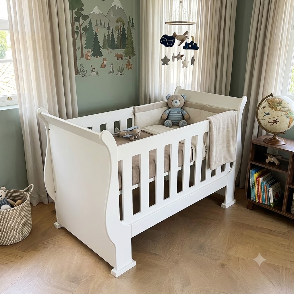 A white wooden baby crib with a curved headboard and footboard, styled in a nursery with beige curtains, a forest wall decal, and a teddy bear on a wooden floor.
