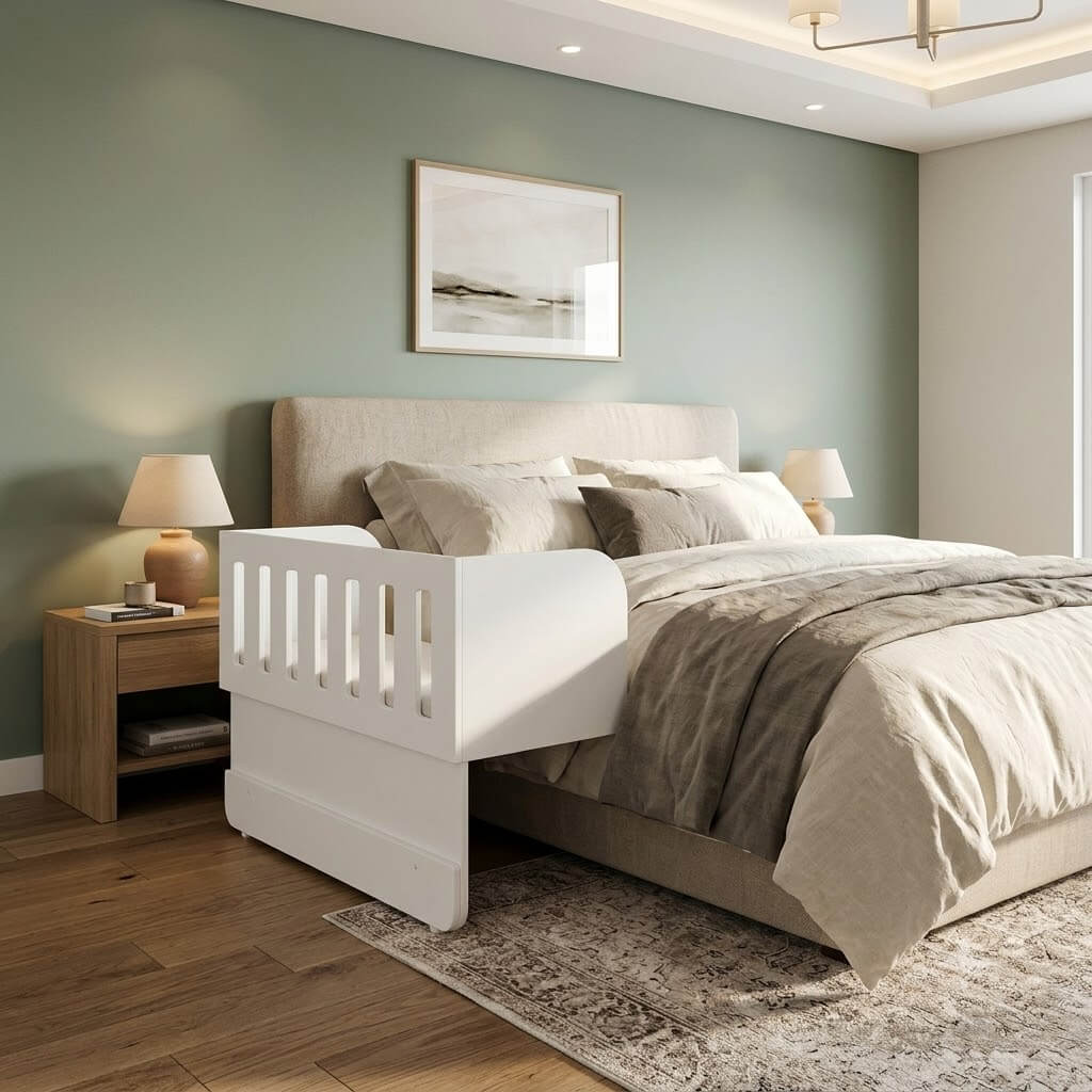 A white wooden toddler bed guardrail attached to the side of a bed in a modern bedroom with sage green walls, wood flooring, and neutral bedding.