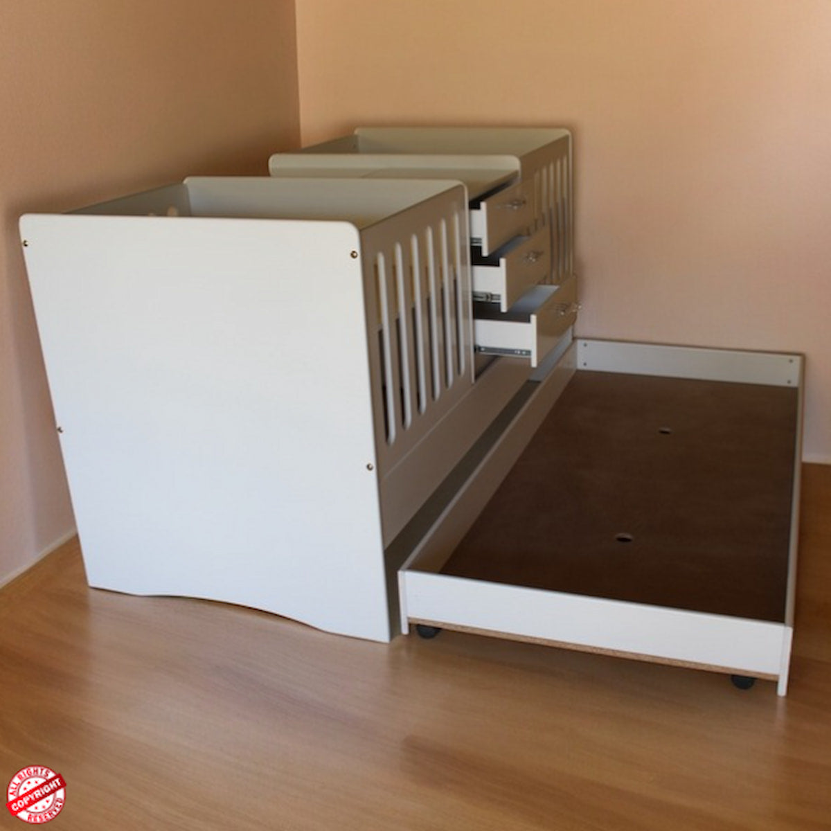 Multi-functional furniture with pull-out bed and storage drawers on a wooden floor.