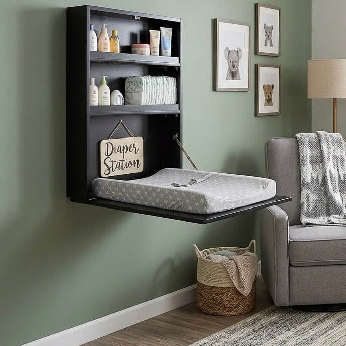 A wall-mounted black baby diaper storage shelf with a pull-out changing surface, shown installed on a sage green wall in a styled nursery or baby room. The shelf holds baby bottles, diapers, and toiletries, with a sign reading 'Diaper Station.