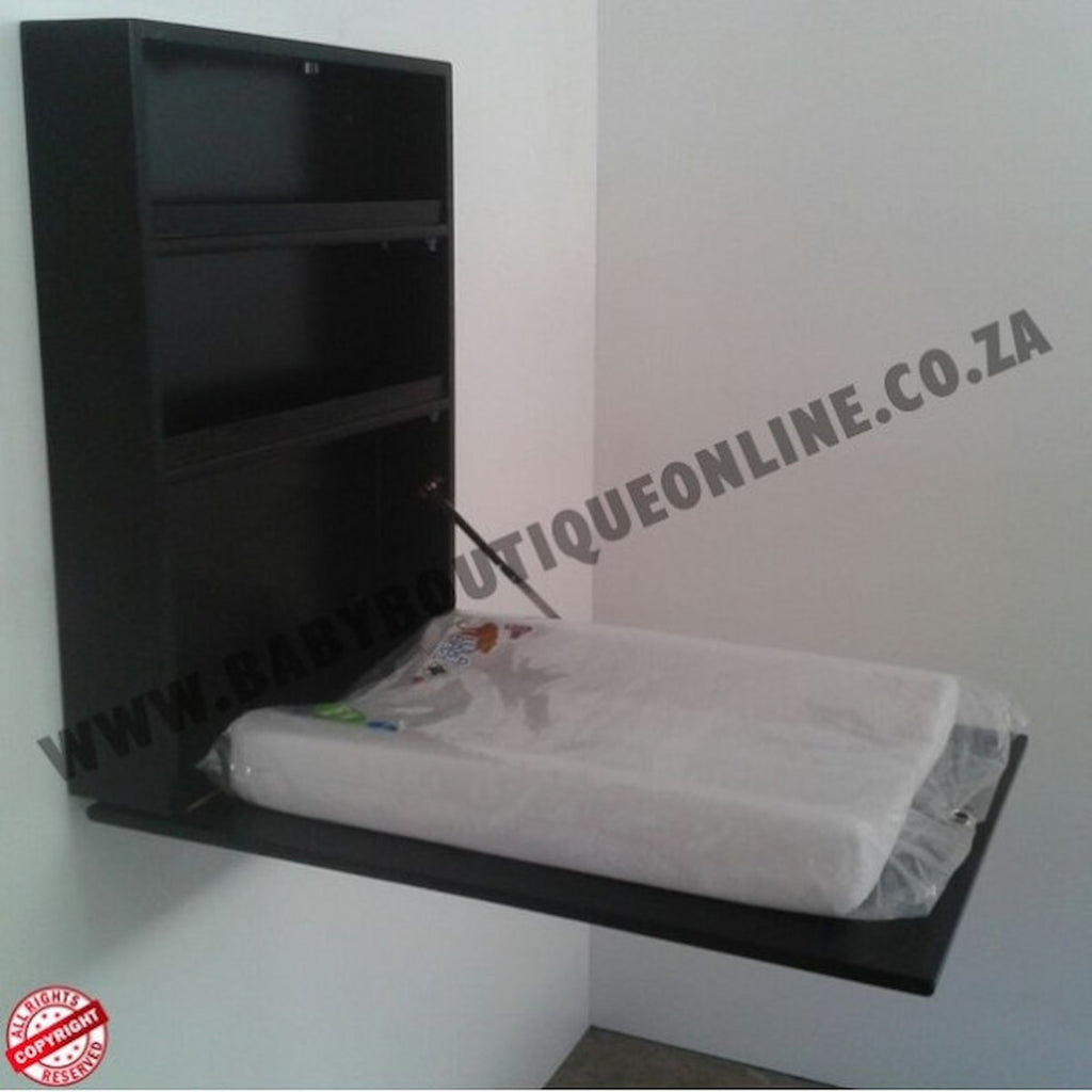 Black wall-mounted bed with a mattress in a room setting, featuring 'Baby Boutique Online' branding.
