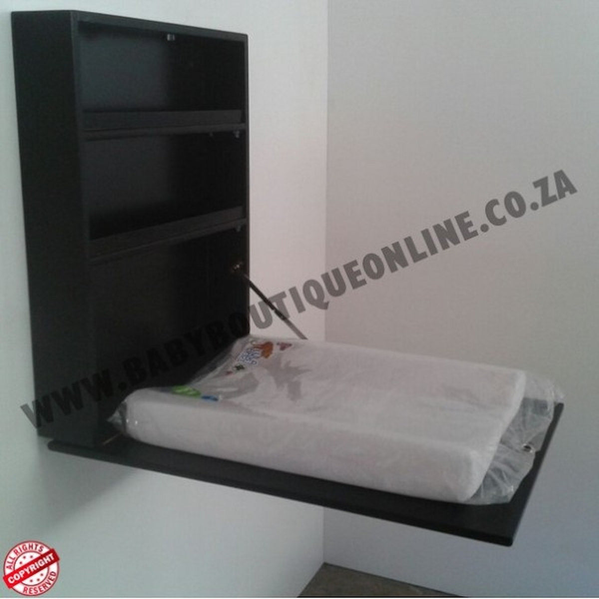 Black wall-mounted bed with a mattress in a room setting, featuring 'Baby Boutique Online' branding.