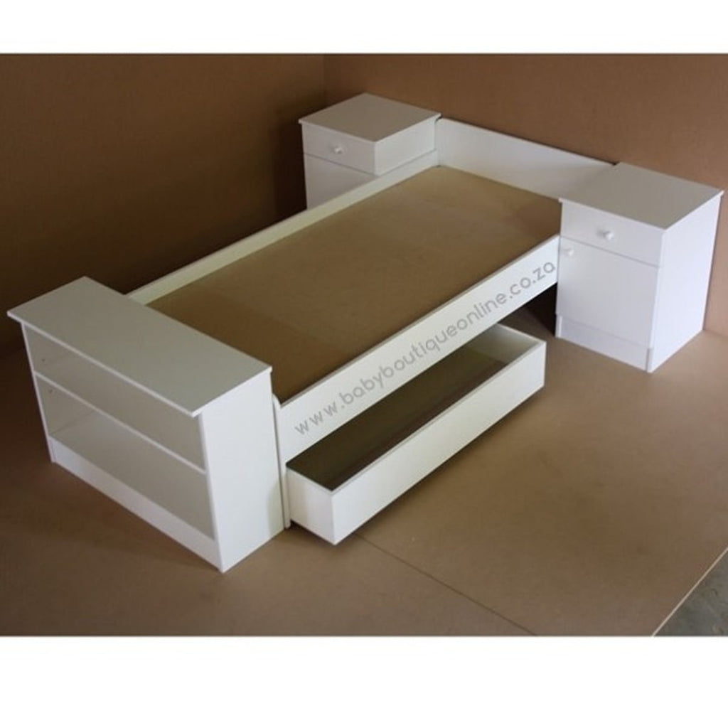White L-shaped bed with storage drawers on a brown background