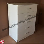 White dresser with multiple drawers on a brown background