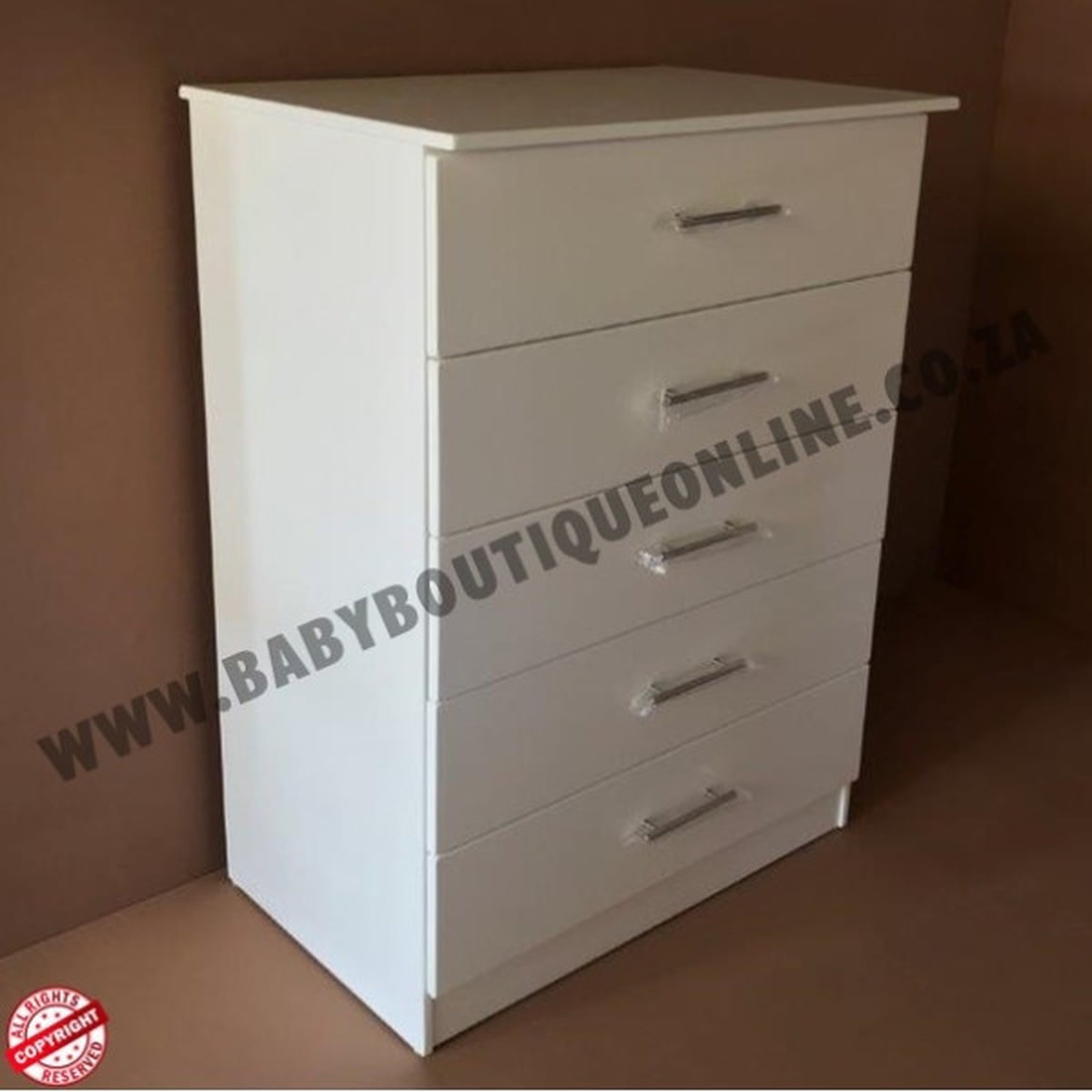 White dresser with multiple drawers on a brown background