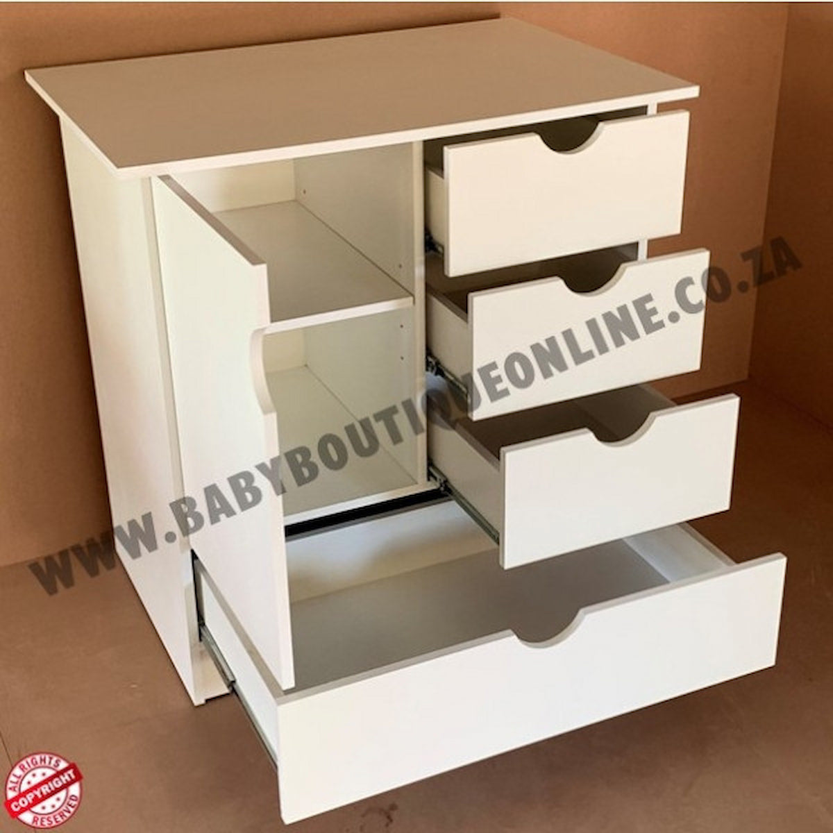 White dresser with open drawers on a brown background