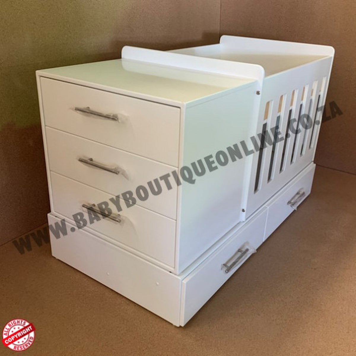 BabyBedroominabox4-in-1 with drawers on a brown background