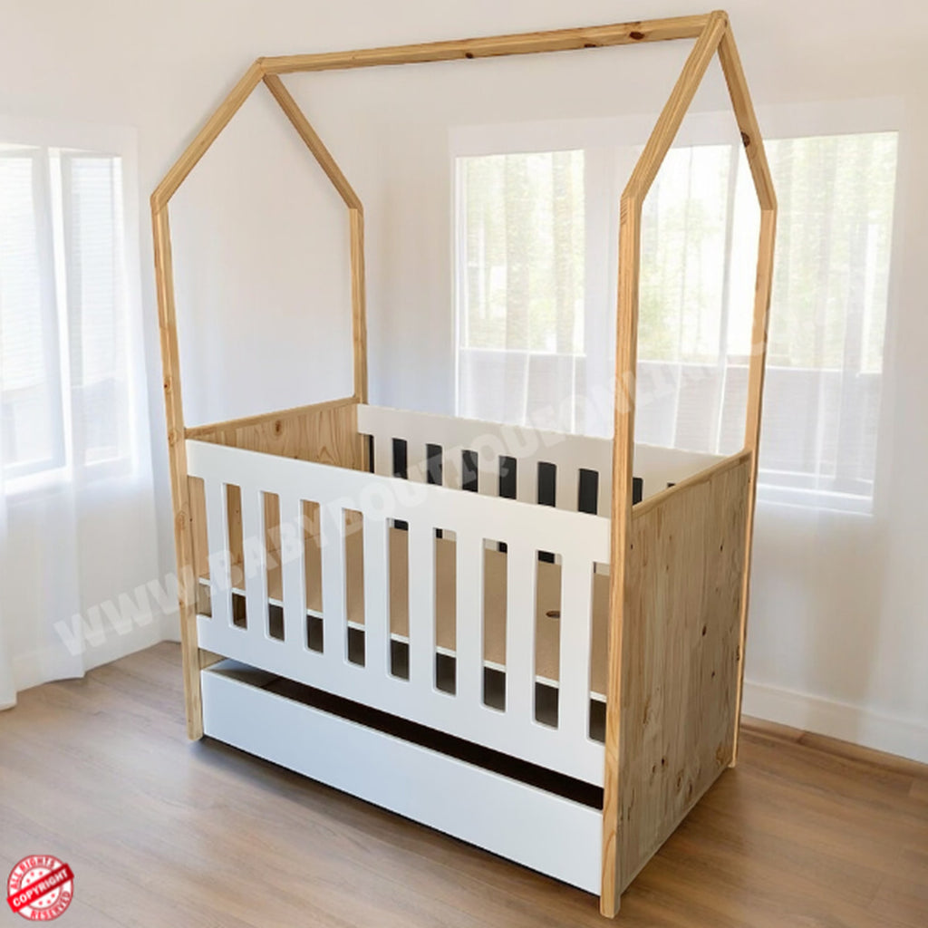 Tent LargeCot-Pine_White with a white base in a room with light-colored walls and wooden floor.