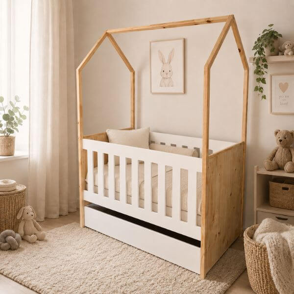 A house-shaped wooden toddler bed with a white slatted crib interior and base drawer, styled in a soft neutral nursery with plush toys, a rug, curtains, and framed bunny artwork.
