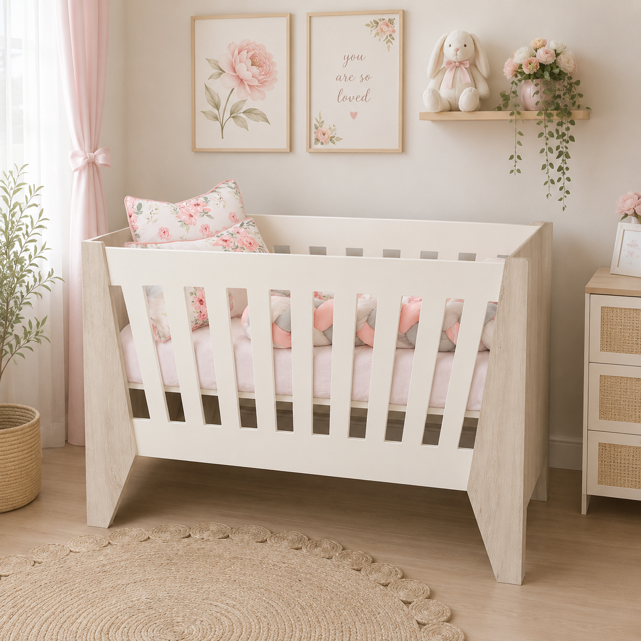 A white wooden convertible crib styled in a soft, pastel nursery with pink floral bedding, matching pillows, a pink curtain, and a small shelf with a stuffed bunny.