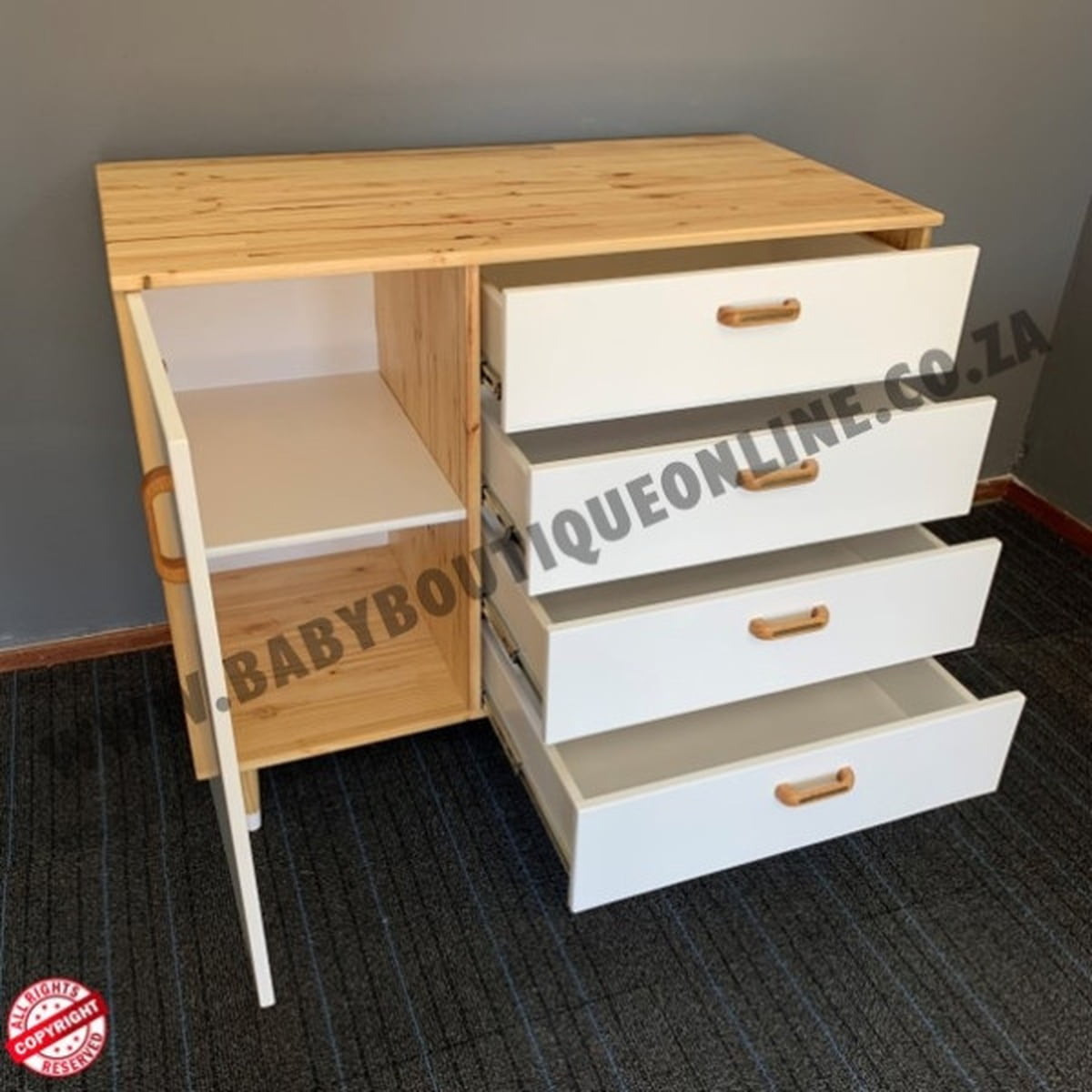 Wooden furniture with drawers and a shelf on a gray floor.