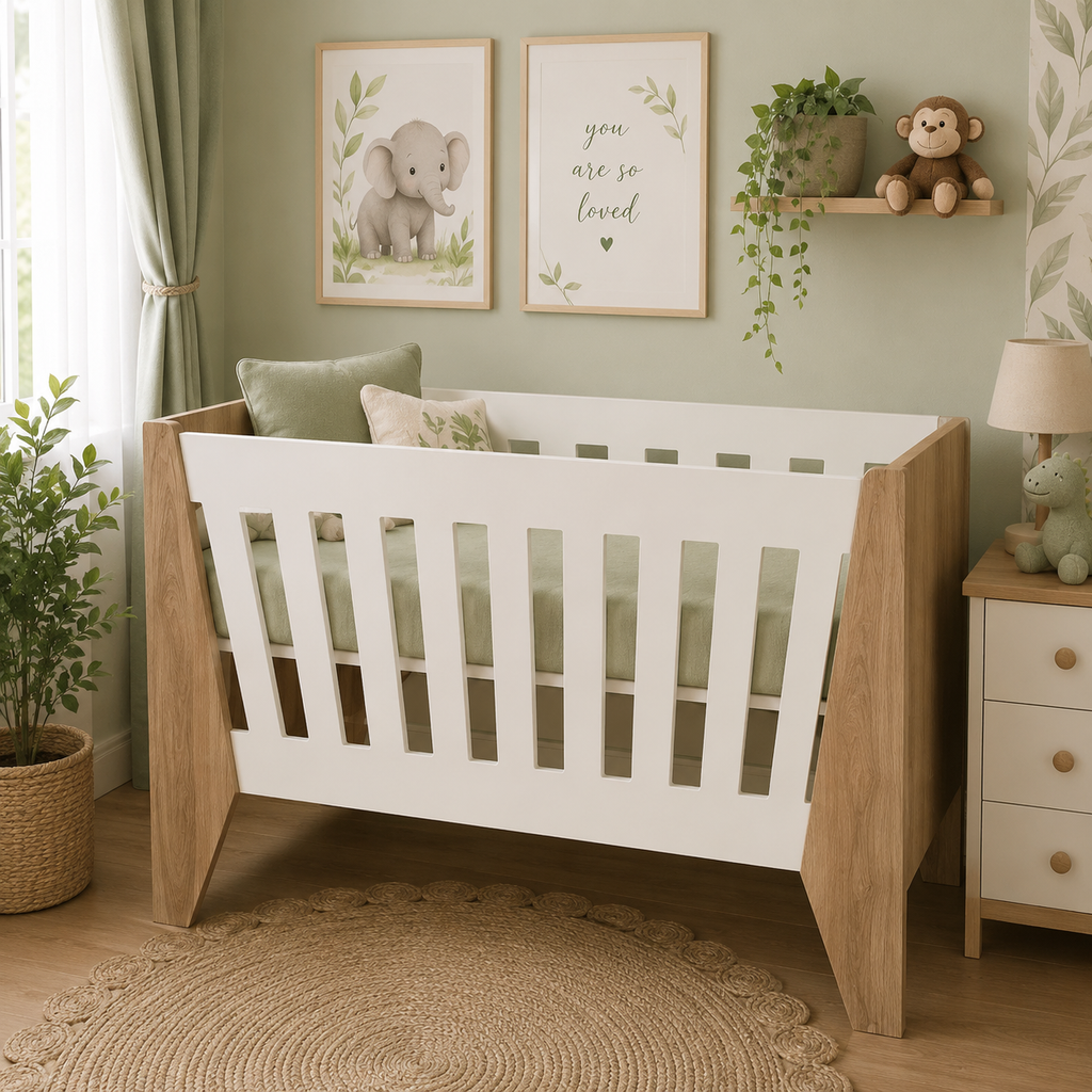 A modern wooden baby crib with a white slatted headboard and natural oak legs, styled in a nursery with sage green bedding, a wooden nightstand, and framed elephant artwork on a sage green wall.