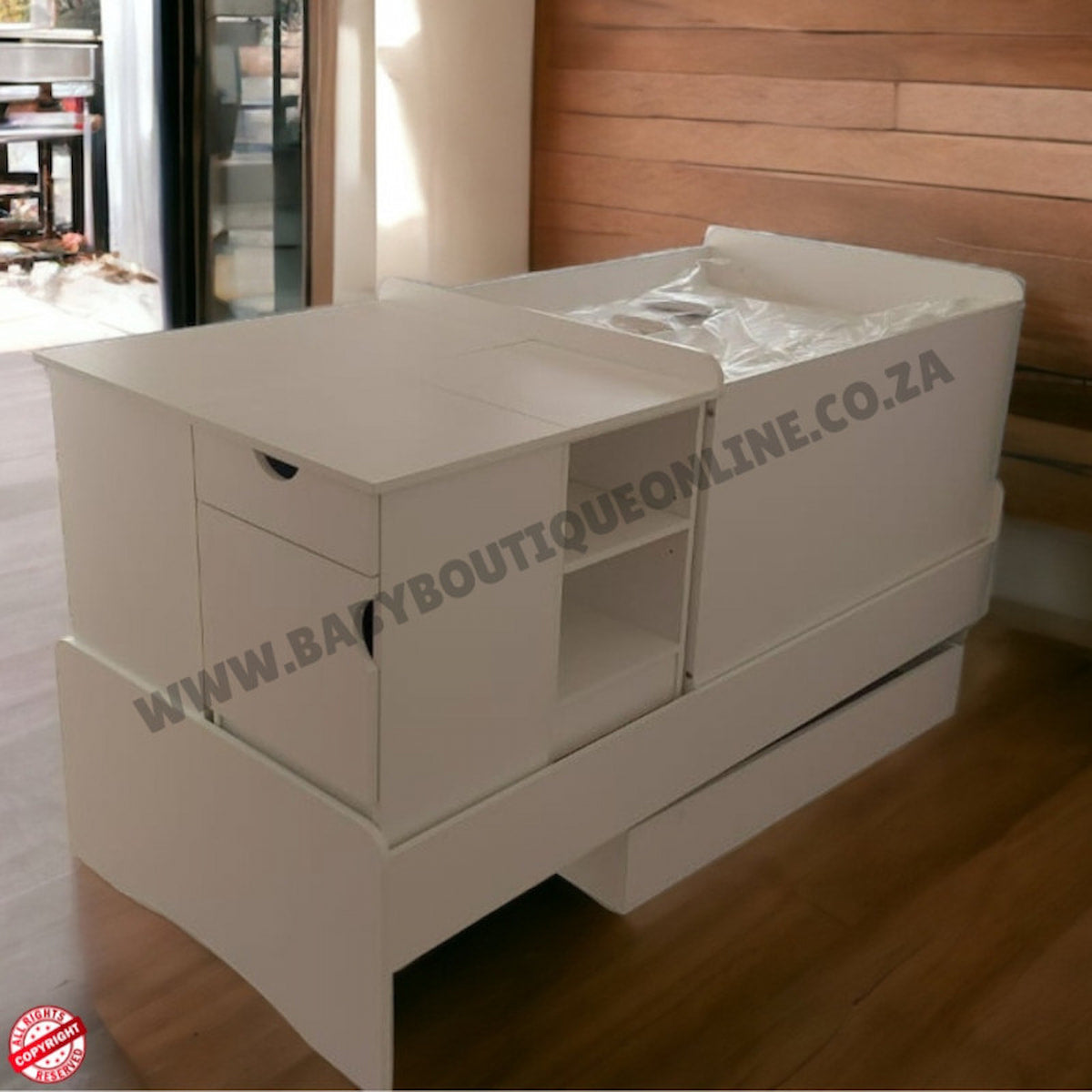 BedroominaBox-5in1Cot White baby changing table with drawers in a room setting