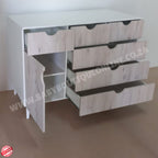 Wooden dresser with multiple drawers on a plain background