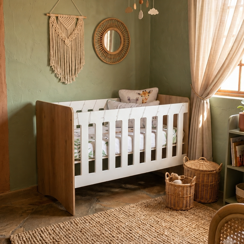 A white wooden crib with a natural wood headboard and footboard, styled in a bohemian nursery with sage green walls, a macrame wall hanging, a woven rug, and a window with sheer curtains.