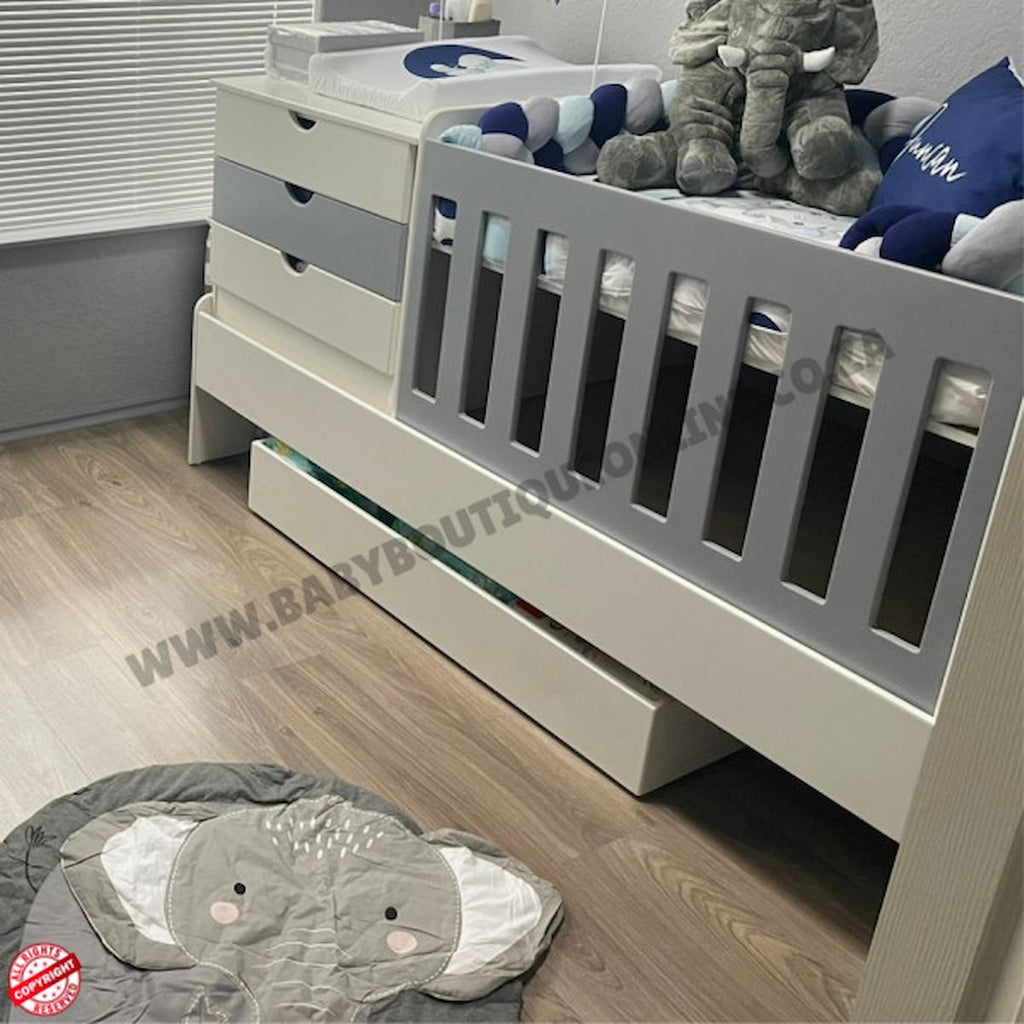 Children's BabyBedroominabox-5in1 crib with toys and bedding in a room setting