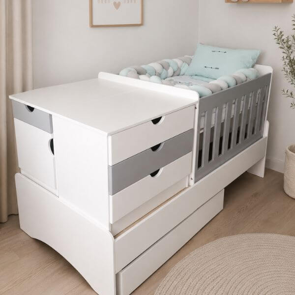 Baby Bedroom in a Box - 5-in-1 Cot - Supawood MDF White & Light Grey - B0422
