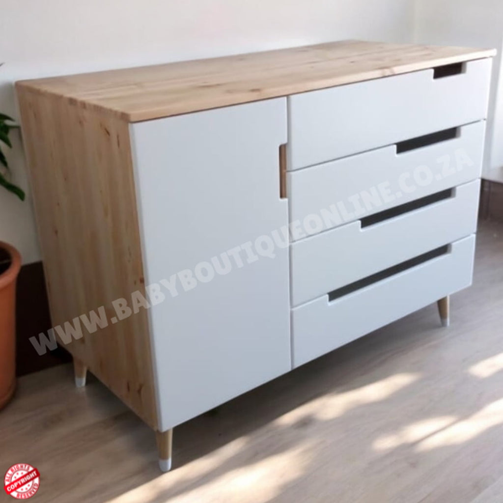 Wooden dresser with white drawers in a room setting