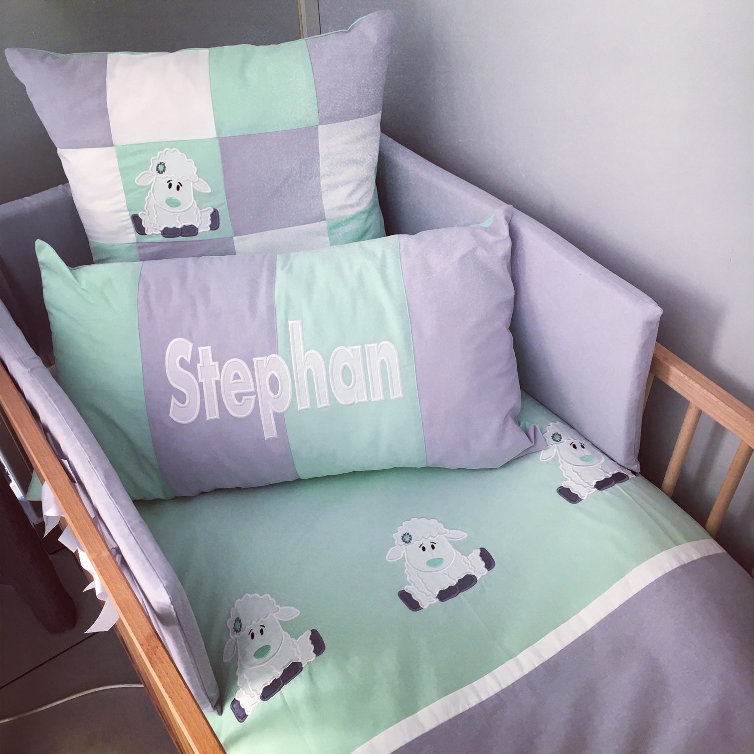 Cot Bedding - Grey Green Sheep Set 01 baby neutral nursery linen set South Africa