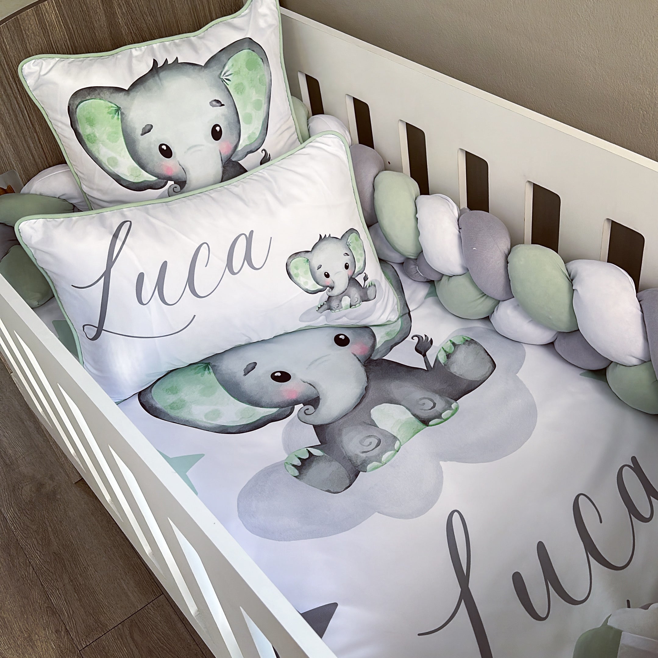 Cot Bedding - Green Elephant Set 02 baby neutral nursery linen set South Africa