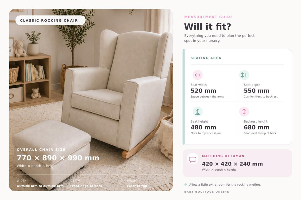 A baby boutique online infographic showing a classic rocking chair in a nursery setting, alongside a measurement guide detailing the chair's dimensions (770 x 890 x 990 mm) and a matching ottoman (420 x 420 x 240 mm).