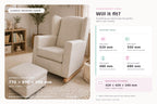 A baby boutique online infographic showing a classic rocking chair in a nursery setting, alongside a measurement guide detailing the chair's dimensions (770 x 890 x 990 mm) and a matching ottoman (420 x 420 x 240 mm).