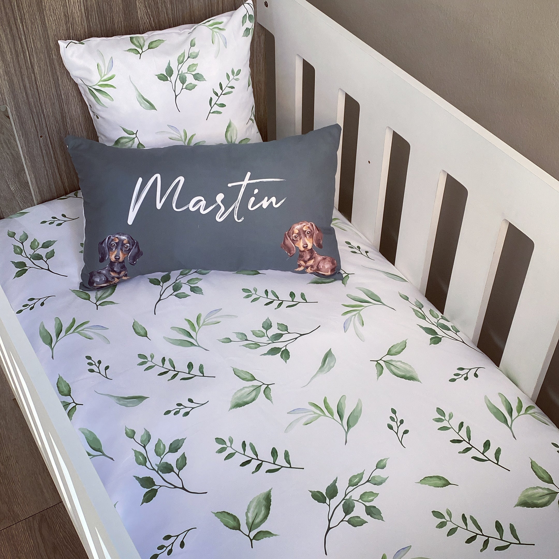 Cot Bedding - Leaf Dachshund Set 01 baby neutral nursery linen set South Africa