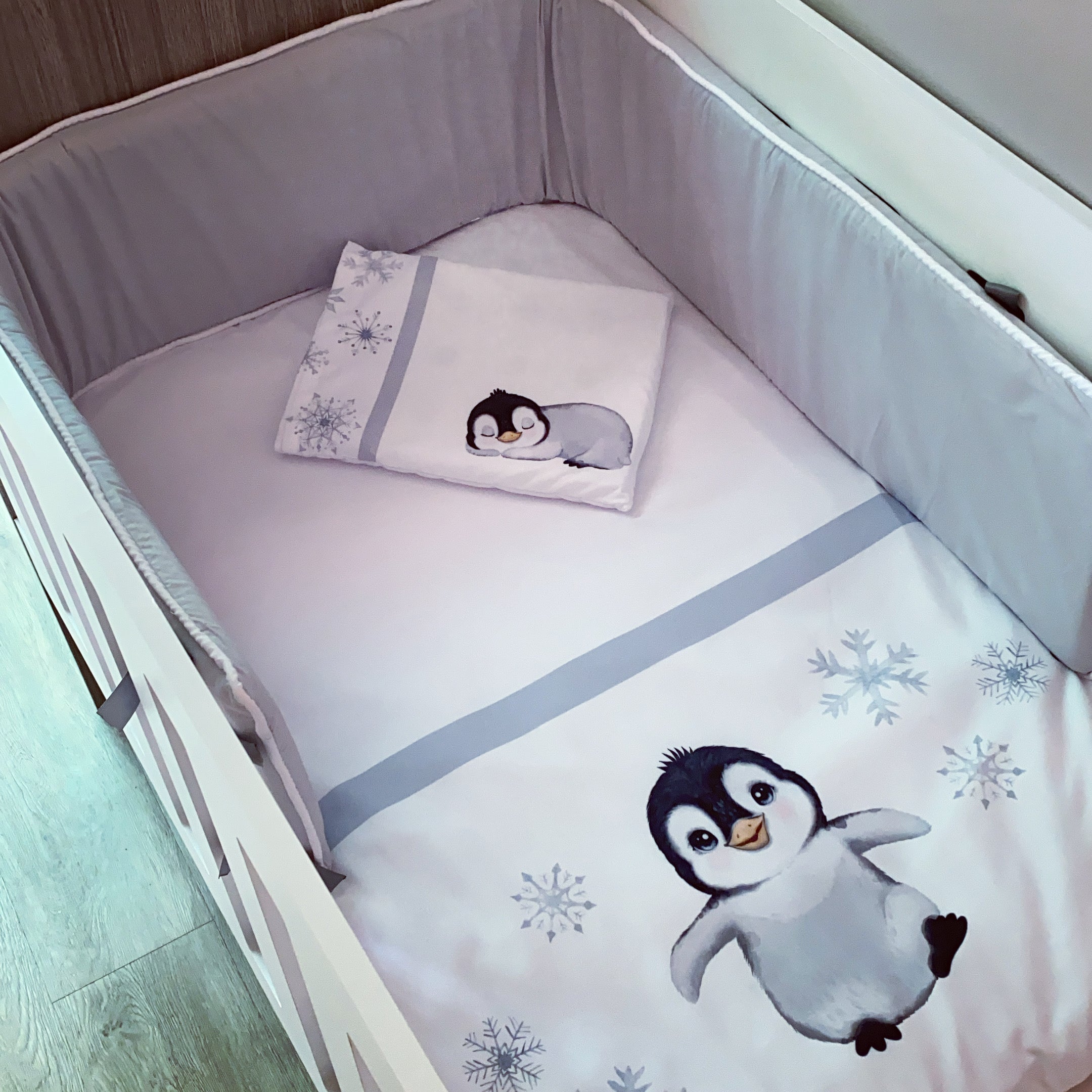 Cot Bedding - Grey Penguin Set 02 baby neutral nursery linen set South Africa