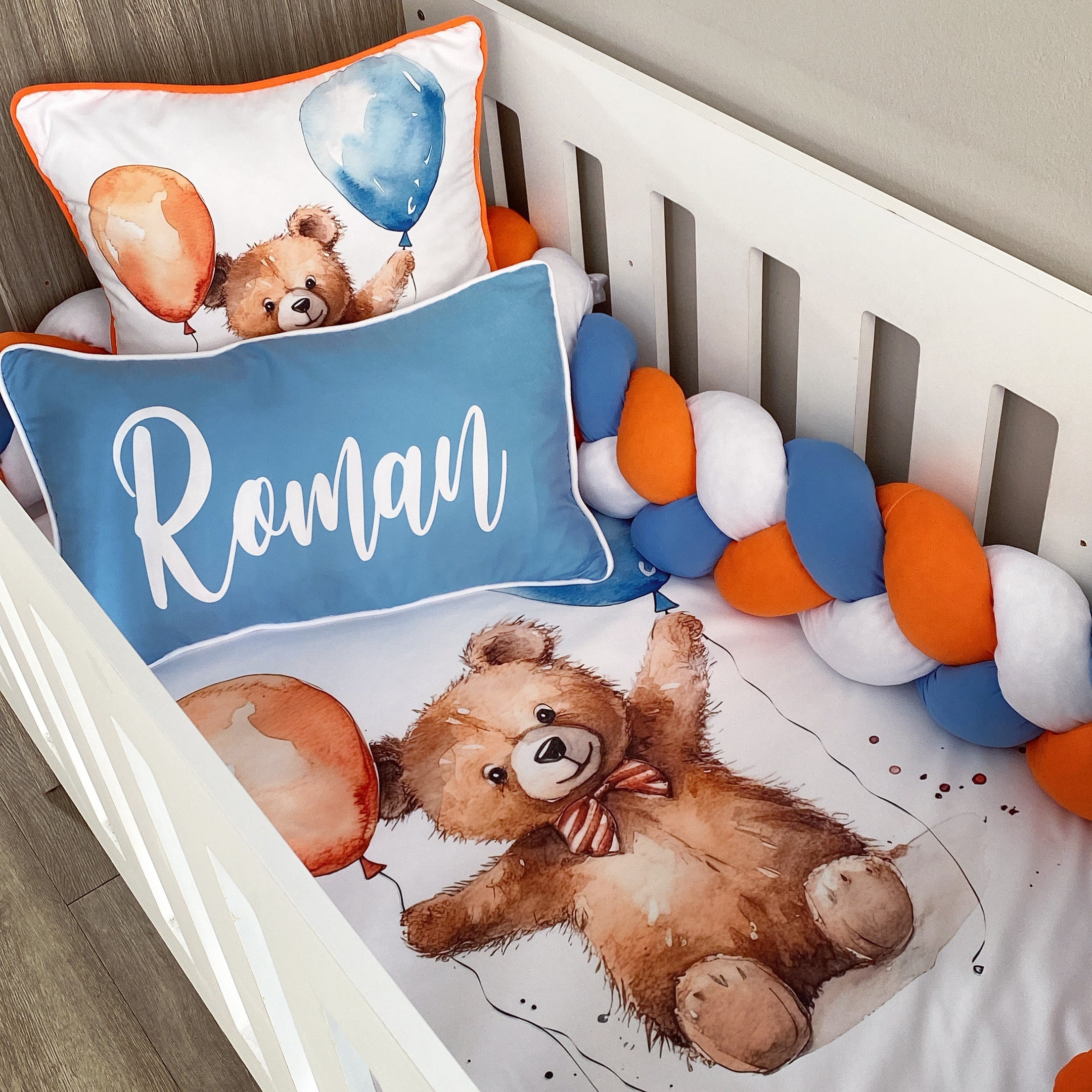 Cot Bedding - Orange Blue Bear Set 01 baby neutral nursery linen set South Africa