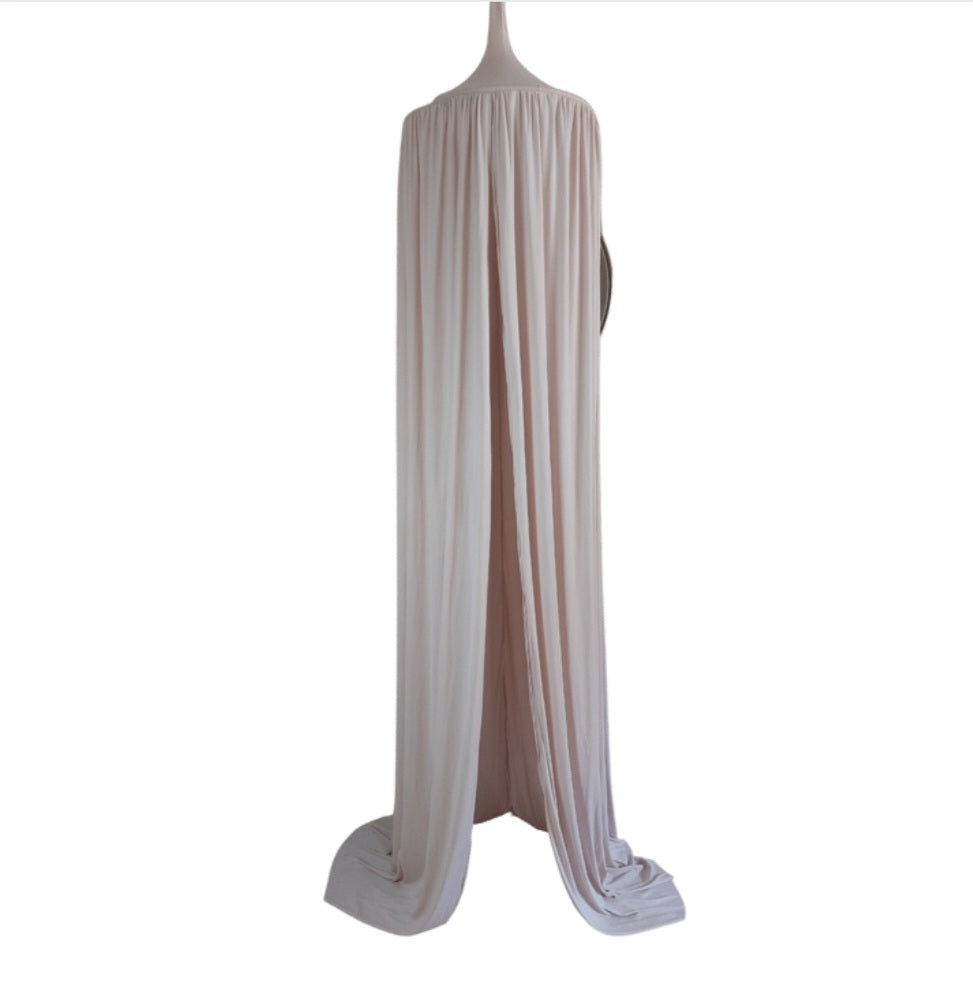 A beige hanging tent canopy with a 45cm diameter hoop and 3m in length, displayed on a mannequin.