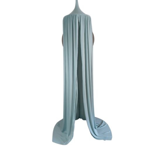 A moss green hanging tent canopy with a 45cm diameter hoop and 3m in length, displayed on a mannequin.