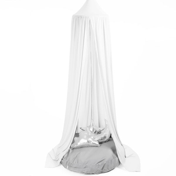 A white hanging tent canopy with a hoop diameter of 45cm, displayed against a white background. It is draped over a grey base which could be a feeding chair or cot.