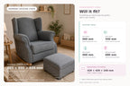 A gray upholstered rocking chair with matching ottoman shown in a nursery-like room setting, alongside a measurement guide with seat width, seat depth, seat height, and ottoman dimensions.