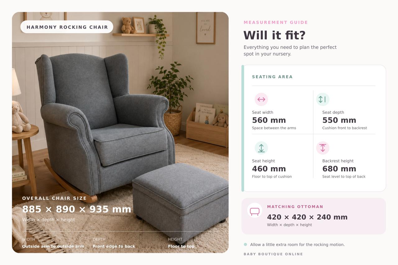 A gray upholstered rocking chair with matching ottoman shown in a nursery-like room setting, alongside a measurement guide with seat width, seat depth, seat height, and ottoman dimensions.