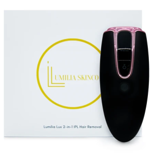 Black and pink hair removal device with 'Lumia Skinco' branding on a white background