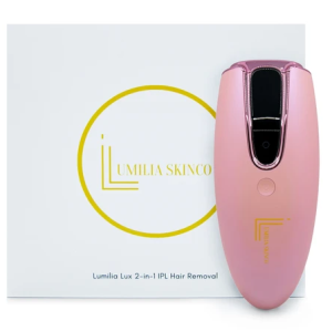 Pink hair removal device with 'Lumia Skin' branding on a white background