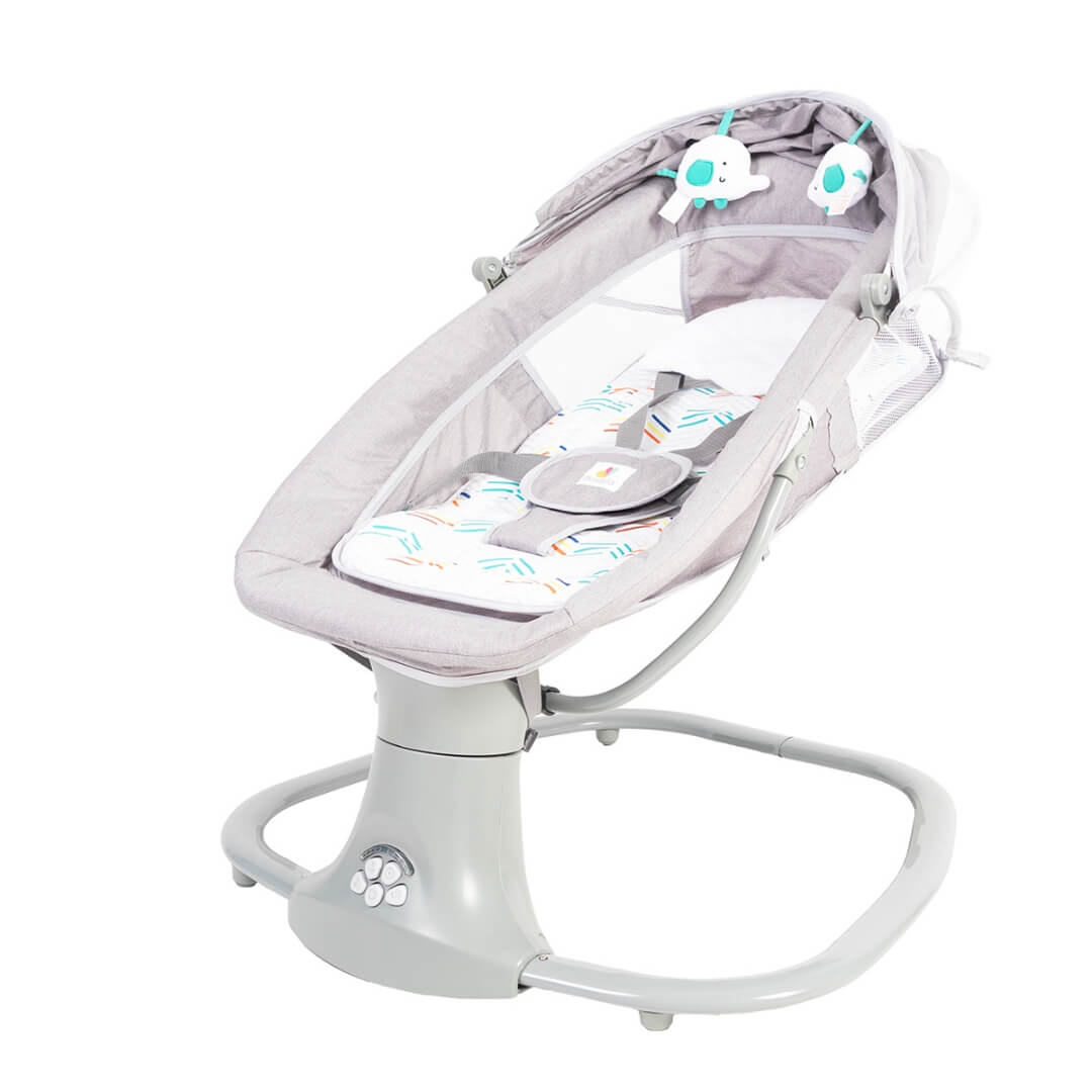 Baby swing with gray and white design on a white background