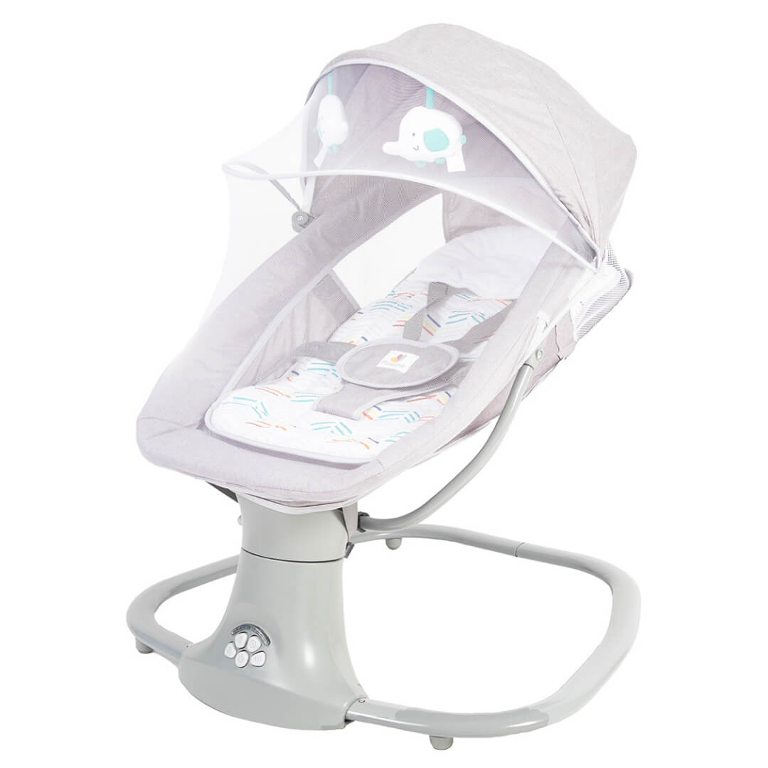 White baby swing with cloud design on a white background