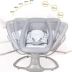 Grey baby swing with adjustable gear settings on a white background