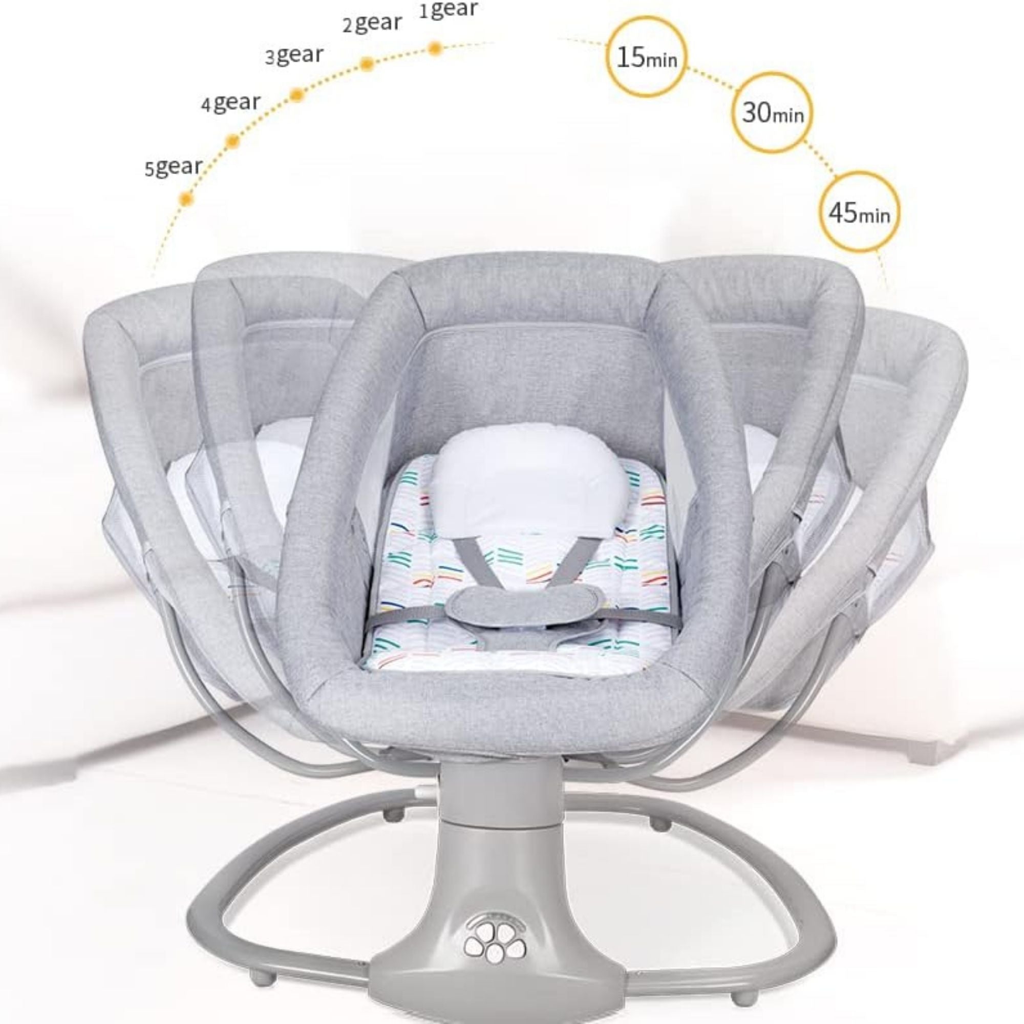 Grey baby swing with adjustable gear settings on a white background