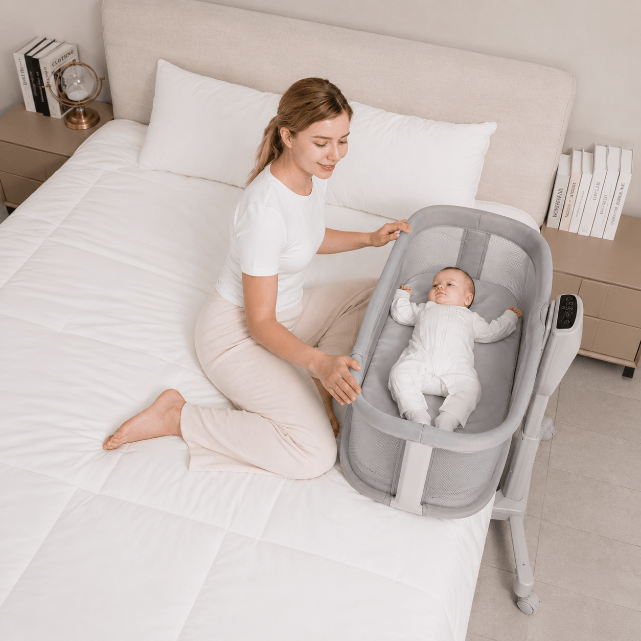 Woman sitting on a bed with a baby in a grey dream starlight bassinet.