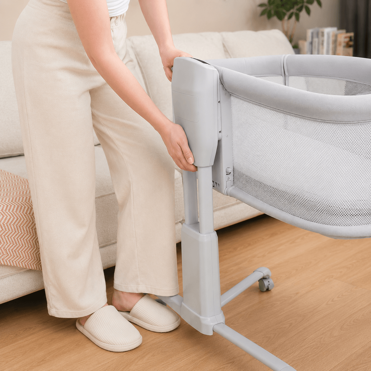 Person adjusting a gray crib in a room with a couch and plant.