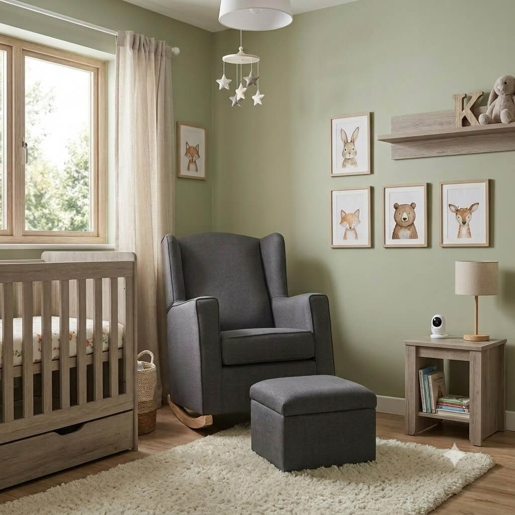 A styled nursery corner featuring a dark gray upholstered rocking armchair with a matching ottoman, set in a room with sage green walls, a light wood crib, and framed animal illustrations.