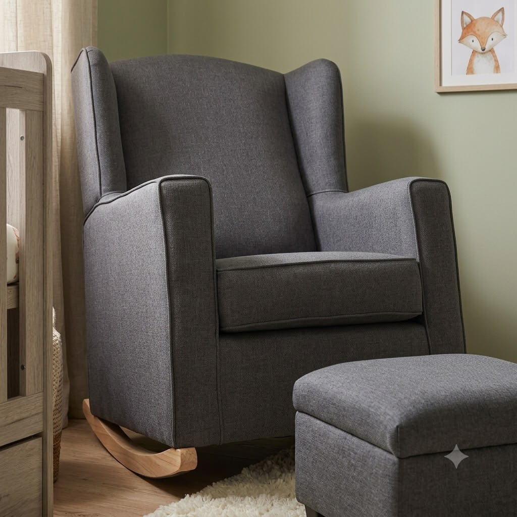 A dark gray fabric rocking chair with a matching ottoman in a nursery setting, featuring a light wood floor, sage green wall, and a framed fox picture.