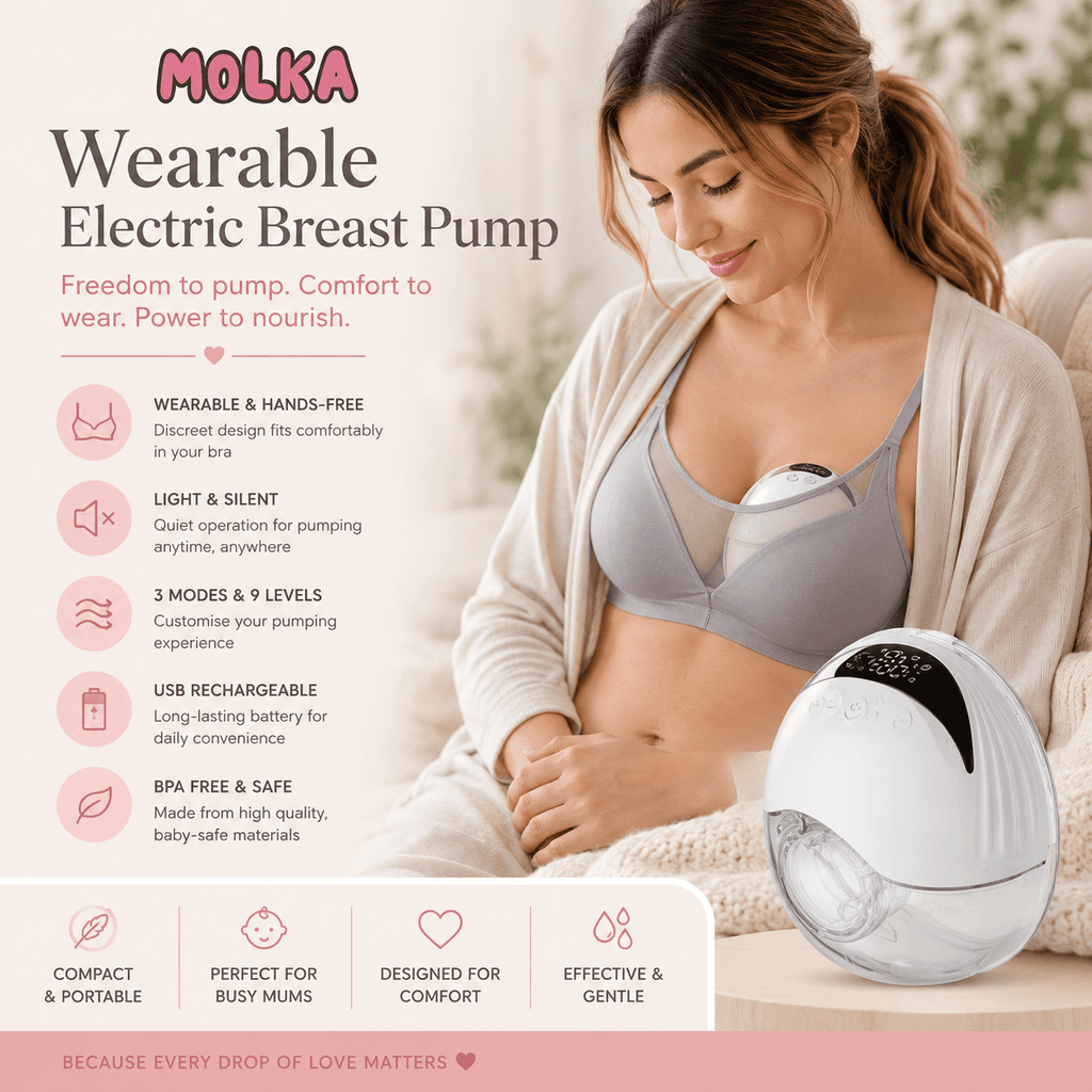Woman wearing a bra with a wearable electric breast pump, surrounded by product features.