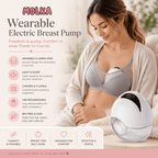 Woman wearing a bra with a wearable electric breast pump, surrounded by product features.